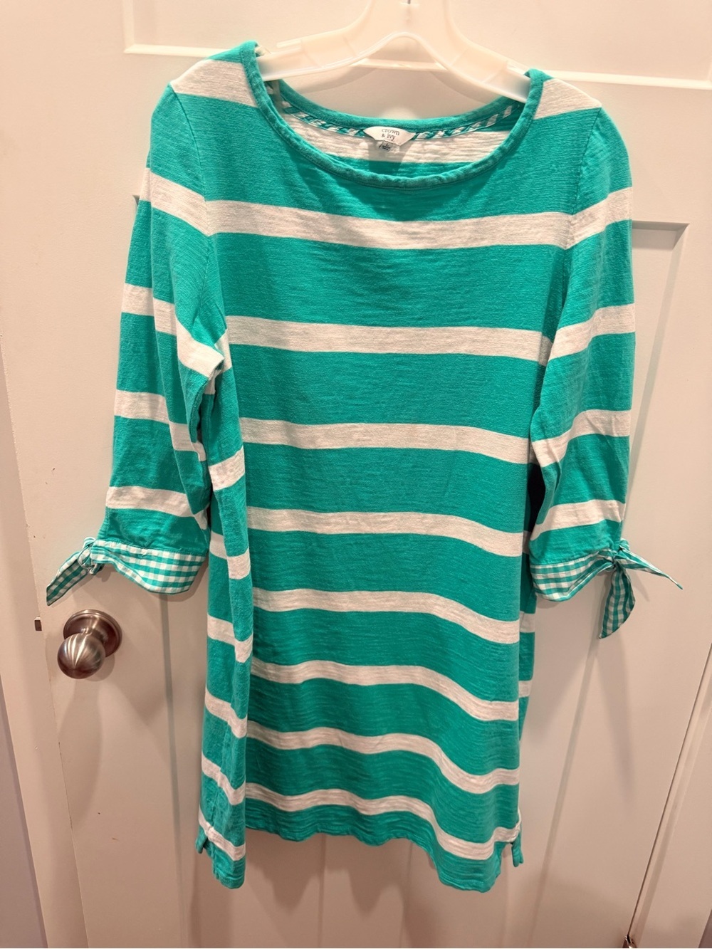 Crown & Ivy Aqua White Striped Cotton Dress L Tie Sleeve Casual Preppy